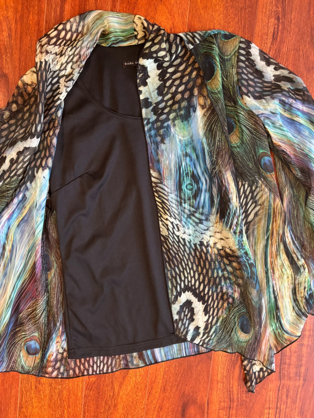 Sara Michelle Black Tank with Multicolor Peacock Print Kimono